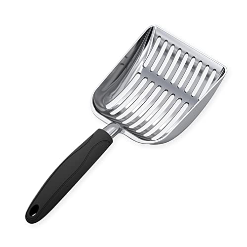 WePet Cat Litter Scoop, Aluminum Alloy Sifter, Kitty Metal Scooper, Deep Shovel, Long Handle, Poop Sifting, Kitten Pooper Lifter, Durable, Heavy Duty, for Litter Box - color: POLISHED Aluminum \ #06 Black Handle, size: Small