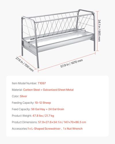 VEVOR Livestock Hay Feeder, 2 in 1 Grain & Hay Feeder, 80-Gallon Capacity, 57.9" Long Goat Pasture Feeding with Deeper Feeding Pan, Heavy Duty Steel Grain Holder for Sheep Sheds, Farms, Horse Barns