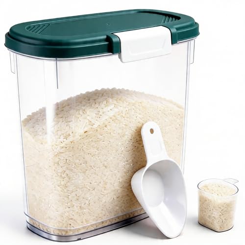 Dark Green Rice Storage Container 15-20 Lbs, Large Tall Flour Container with Lid + Scoop + Cup - Slim Dry Food Storage Bin for Cereal, Sugar, Beans, Pet Foods - Kitchen and Pantry Storage Organization - color: Dark Green