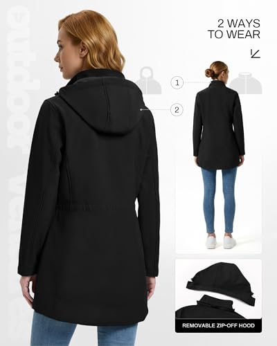 Outdoor Ventures Women's Softshell Jacket with Removable Hood Fleece Lined Windbreaker Insulated Long Warm Rain Jacket - color: Black, size: X-Small