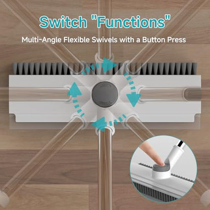 Floor Scrub Brush with Long Handle Length Adjustable, 3 in 1 Heavy-Duty Stiff 90° Bristle Floor Scrubber Broom with Squeegee, for Bathroom, Garage, Kitchen, Tile, Deck & Patio (White) - color: White