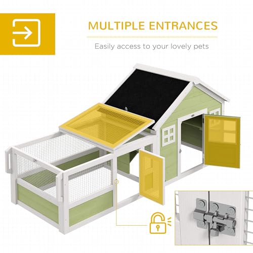 PawHut Rabbit Hutch, Outdoor Rabbit Cage or Guinea Pig Cage with Asphalt Roof, Handle, Wheels, 64 Inch Wooden Bunny Cage for Rabbits, Chickens, Ducks, Small Animals, Multicolor