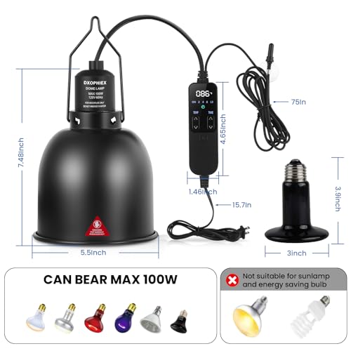 DXOPHIEX 5.5inch deep Reptile Light Fixture Reptile Heat lamp with Thermostat, max 100W Fixture with 100W Ceramic Heat Emitter for Turtle, Frog, Gecko, Snake, Lizard, Bearded Dragon