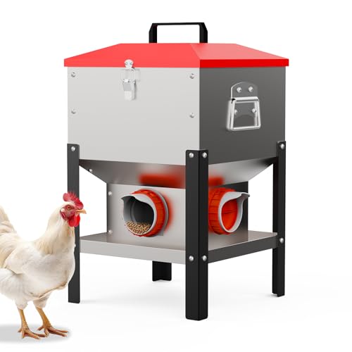 35LB Large Automatic Chicken Feeder- 4 Ports Metal Chicken Feeders, Dual No Waste Design with Locking Lid & Riveted Handles, Rainproof Poultry Feeder for Chickens, Ducks, Geese - size: 4 Ports