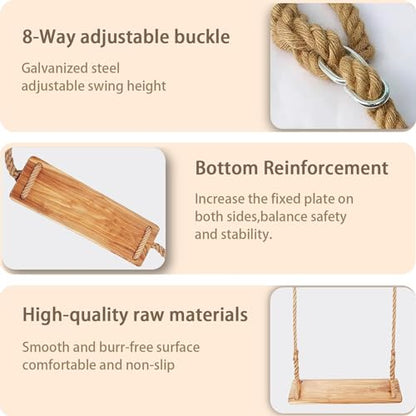 Hanging Wooden Swing, Seat 19.7"x 5.1"× 1.2", Tree Swings for Adults and Kids Outdoor, Adjustable Hemp Rope Plus Tree Straps 80 inch, Kids Indoor Swing with 500lb,Indoor Swing for Adults