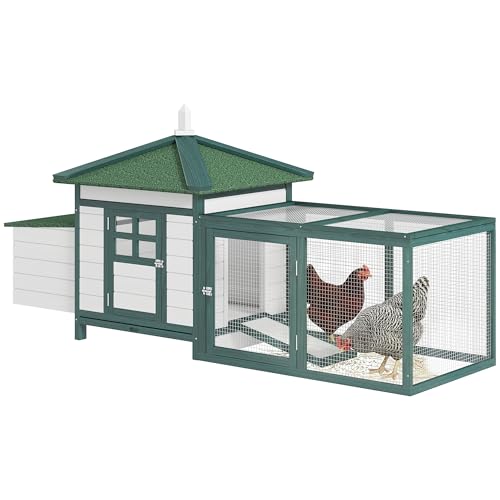 PawHut 77" Wooden Chicken Coop with Nesting Box, Cute Outdoor Hen House with Removable Tray, Ramp Run, for Garden Backyard, Green - color: Green