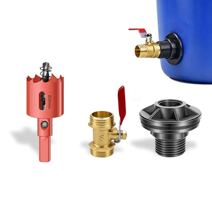 QTG Rain Barrel Spigot Kit 1/2" GHT Quarter Turn Ball Valve with Bulkhead Fitting, Brass Faucet & 28mm Hole Saw for Water Containers & Garden Rainwater Tanks (Brass) - color: 1/2"
