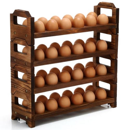 LemonRoad 4 Tier Wooden Egg Holder for Countertop, Pine Stackable Fresh Egg Storage Farmhouse Collecting Rack for Gathering Kitchen Organizer Duck Eggs Display, Stackable with 48 Eggs