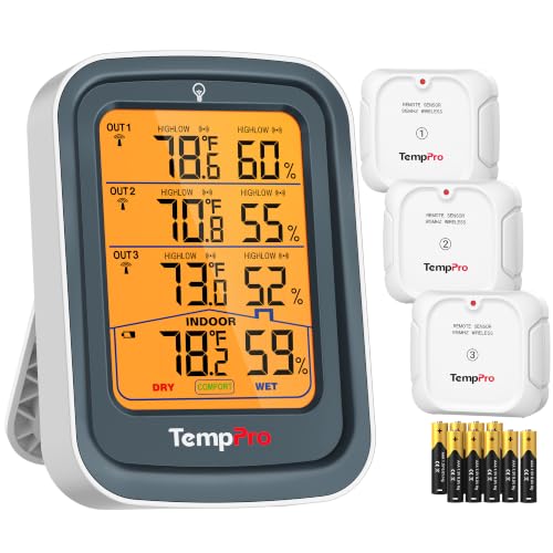 TempPro TempAir 500FT Indoor Outdoor Thermometer Wireless with 3 Sensors | Temperature and Humidity Gauge Monitor for Home Greenhouse Garage RV, Batteries Included, Room Thermometer Inside Outside - color: Grey