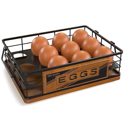 Farmhouse Wooden Egg Holder Countertop, Oak Wood & Metal Egg Basket with Handles for Fresh Eggs, Stackable Rustic Egg Tray Organizer for Kitchen Counter, Holds 12 Eggs, Farm Fresh Egg Storage (Walnut) - color: Walnut & Black