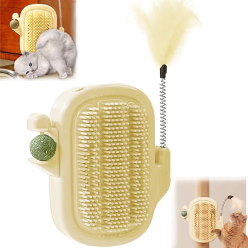 3-in-1 Cat Self Groomer Brush – Wall Corner Cat Scratch Pad with Catnip Ball & Feather Toy, Cactus-Style Wall Brush for Indoor Cats, Cats Massager & Face Scratchers for Fur Pets - color: Beige