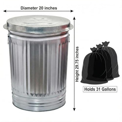 31 Gallon Galvanized Steel Trash Can with Lid, Heavy Duty, Rodent Proof, Weather Resistant, for Outdoor Garbage, Pet Food, Seed & Charcoal Storage