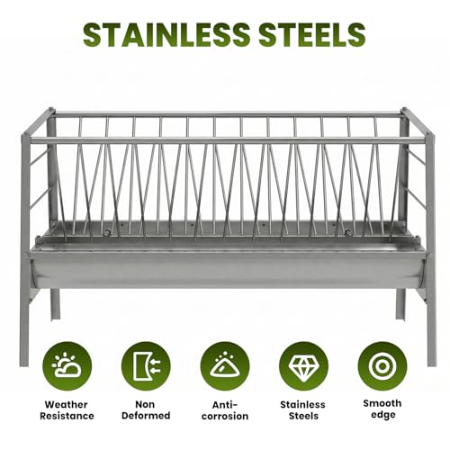 85 Gallon Stainless Steel Pasture Hay Feeder, 5 FT Livestock Feeder with Hay Rack & Feed Pan, 2 in 1 Design for Goats, Sheep, Small Farms Seeking Durable Feeding Solution