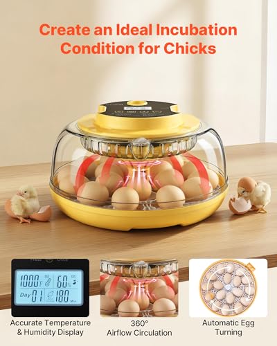 VEVOR 18 Egg Incubator, Automatic Egg Turner with LED Candler, Temperature & Humidity Control, 360° View Clear Window, Auto Water Refill, Poultry Eggs Incubators for Hatching Chicks Ducks Goose Quail | Precise Control,Digital Display - size: 18 Eggs