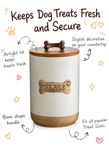 Miamolo Dog Treat Jar Ceramic Dog Treat Container with Wooden Lid, 8 Cups Airtight Dog Food Storage Container for Countertop, Farmhouse Dog Biscuit Jar Gift for Dog Lovers - Bone Dotted White - color: Bone Dotted White