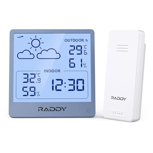 Raddy WF-50T Indoor Outdoor Thermometer Hygrometer Wireless Weather Station, Battery Powered Temperature & Humidity Monitor with 5.0’’ TN Display, Weather Forecast, Wireless Remote Sensor, GrayishBlue - color: GrayishBlue