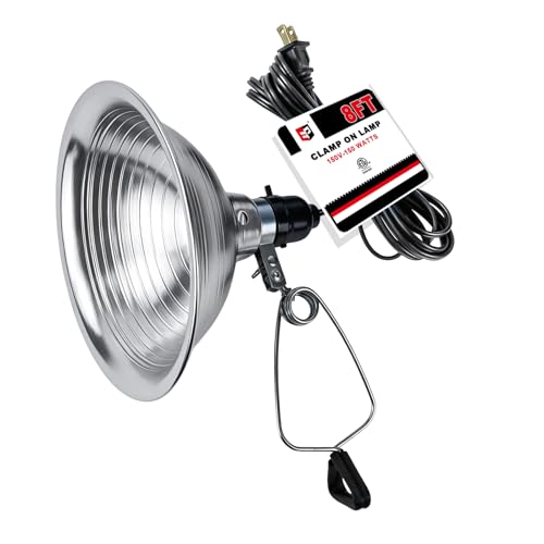 EP Clamp Lamp Light with Detachable 8.5 Inch Aluminum Reflector, 150 Watt E26 Socket (No Bulb Included), 8 Foot 18/2 SPT-2 Cord Cord, 1 Pack - size: 8