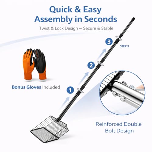 Extra-Long Chicken Poop Scooper, Adjustable 35"–74" Handle, 10" Wide Scoop | Adjustable Handle, Heavy-Duty Stainless Steel, Multi-Purpose for Coop, Yard & Pond Leaves, Gloves Included