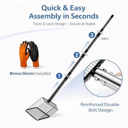 Extra-Long Chicken Poop Scooper, Adjustable 35"–74" Handle, 10" Wide Scoop | Adjustable Handle, Heavy-Duty Stainless Steel, Multi-Purpose for Coop, Yard & Pond Leaves, Gloves Included