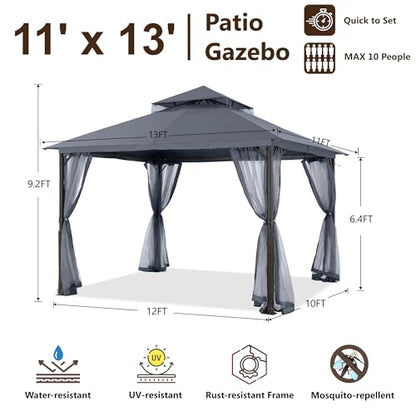 MASTERCANOPY Outdoor Patio Gazebo with Double Roofs, Stable Steel Frame and Mosquito Netting (11x13,Dark Gray) - color: Dark Gray, size: 11x13