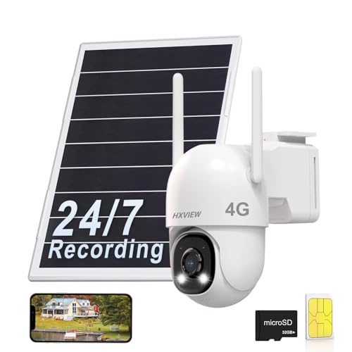 4G LTE Solar Cellular Security Camera Outdoor Wireless, 24/7 Continuous Recording, Auto Tracking, AI Detection, 15000mAh Battery and 8W Solar Panel, with SIM Card and 32GB SD Card, No WiFi