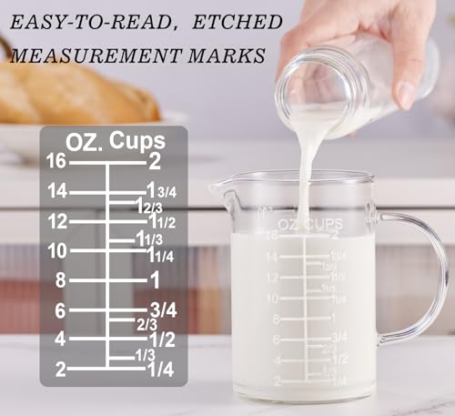 Ackers Etched Graduated Glass Measuring Cup - [Insulated Handle | V-Shaped Spout] - High Borosilicate Glass Measuring Cup for Kitchen or Dining, Easy to Read, 500 ML (16 Oz, 2 Cup) - size: 500 ML (16 Oz, 2 Cup) - Etched Graduated