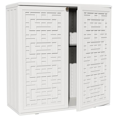 ZZM HDPE Outdoor Storage Shed, Outdoor Plastic Storage Cabinet, Horizontal Resin Tool Shed for Garden, All Weather Outdoor Storage Clearance, DIY Usage, with one Shelf (White) - color: White