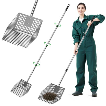 Stainless Steel Chicken Poop Scooper & Rake - Heavy-Duty 2-in-1 Sand Sifter Shovel with Long Handle Adjustable Length for Coops & Small Farms