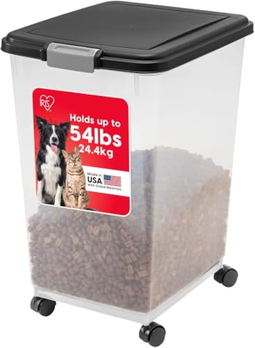 IRIS USA Airtight Dog Food Storage Container, Up to 54 lbs, Attachable Wheels, For Dog Cat Bird and Other Pet Food Storage Bin, Keep Fresh, Translucent Body, Easy Mobility, Black - color: Black, size: 54 lbs