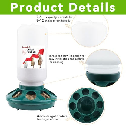 2-in-1 Chick Starter Set: 0.3 Gal Feeder & 0.4 Gal Waterer with Adjustable Legs for Baby Chicks, Hanging Hooks, Anti-Drown Design - BPA-Free Plastic (Green) - color: Green