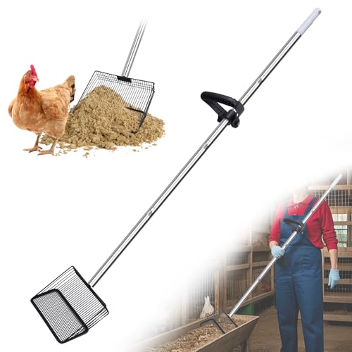 10in Wide Stainless Steel Chicken Poop Scooper with Adjustable Handle,36"-62" Long,Detailed mesh Design,Easy to Use Cleaning Tool for Chicken Coop, Sand Sifting