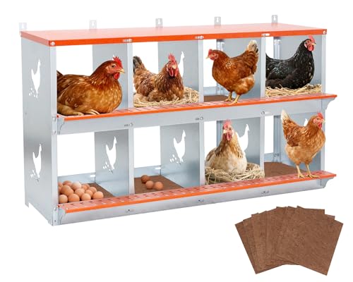 Yafylly Chicken Nesting Box, 8 Compartment Metal Nesting Boxes for Chickens, Wall Mountable Chicken Laying Boxes, Easy Egg Collection, with Nesting Pads, Indoor & Outdoor Use, 42.5" L x 17" W x 25" H - color: Orange, size: 8 Compartment