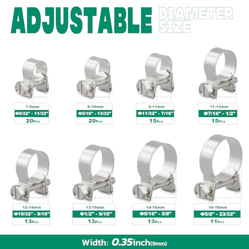 OURU 120PCS Fuel Line Clamp Assortment Kit 304 Stainless Steel,8 Sizes Adjustable 9/32"-23/32" Dia (7-18mm) Mini Fuel Injection Gas Line Hose Clamps,Pipe Clamp for Automotive,Diesel Petrol Pipe - size: 120PCS 9/32"-23/32" (7-18mm)