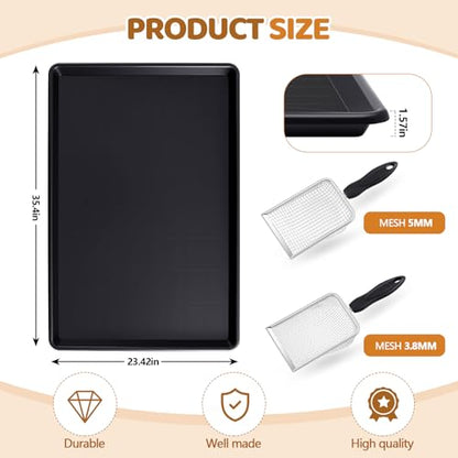 Mifoci 2 Pcs 35 x 23.6 Inch Chicken Poop Tray with 2 Pcs 3.8mm + 5mm Mesh Poop Scoopers, Large Crate Pan and Stainless Steel Coop Rake Shovel for Chicken Coop Accessories