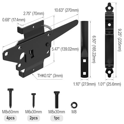Gate Latch for Wooden Fence, Heavy Duty Self Locking Gate Latch with 9" Handle for Pool/Garden Gate Safety Latch, Gate Hardware Kit for Vinyl/Wood Fence, Black Finish (1, Black)