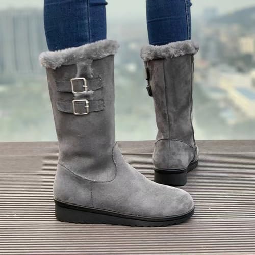 Women's Mid Length Boots Suede Snow Boots Metal Buckle Furry Wedges Booties Outdoor Thick Insulation Warm Plus Fleece shoes - color: Grey, size: 9.5