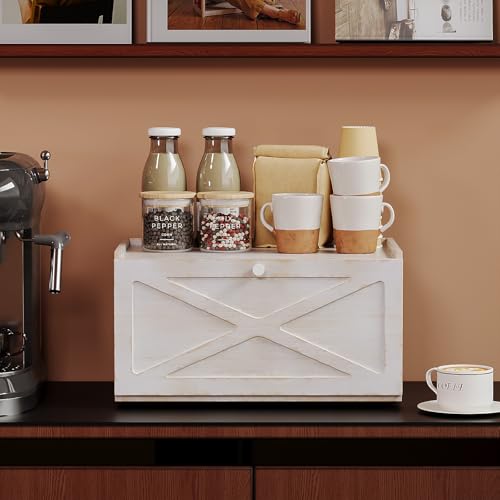 Trironsun Bamboo Bread Box for Kitchen Counter Farmhouse Bread Storage Container Large Capacity Bread Storage Bin Bread Holder (Antique White) - color: Antique White