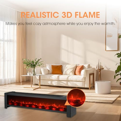 Baseboard Heater, 1500W Electric Heater with Realistic 3D Flame, 12H Timer, Thermostat, Portable Space Heater for Indoor Use, Black