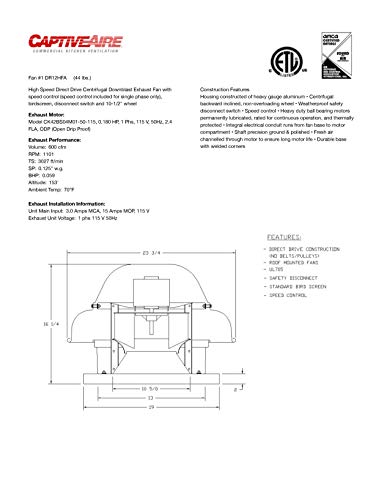 CAPTIVE-AIRE Direct Drive Centrifugal Downblast Roof Mounted Exhaust Fan with Speed Control- 19" Fan Base, 0.180 HP 115 Volt Single Phase Motor (DR-12HFA) - size: DR-12HFA.