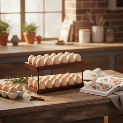 YOUEON Acacia Wooden Egg Holder with Double Layers, Detachable Wooden Egg Tray Holds 36 Fresh Eggs, Countertop Storage Rack for Gathering Fresh & Easter Eggs, Rustic Decor