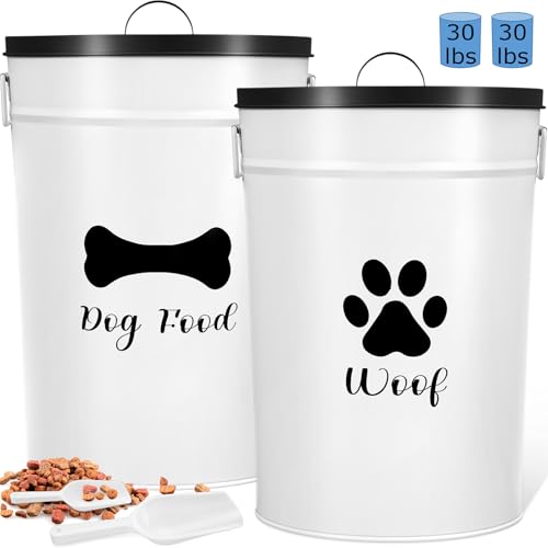DoubleFill Extra Large 30+30 lb Metal Dog Food Storage Containers Set of 2 Airtight Dog Treat Snack Jars with Lids and Spoon Farm House Style Big Pet Cookie Jar for Kitchen Counter Gift - color: White, size: Extra Large 30 lb