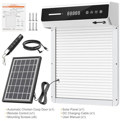 Automatic Chicken Coop Door Solar, Battery Powered & Weatherproof Aluminum, Timer Modes for Safe and Convenient Chicken, Easy Install, Reliable All-Season Performance (White)