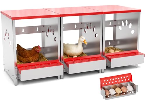 Chicken Nesting Boxes, 3 Hole Large Metal Hen Laying Box with Swing Perch and Roll Away Egg Collection, Wall Mountable with Vented Holes for Chickens Ducks Birds - size: 12.2"L x 9.9"W x 15.4"H