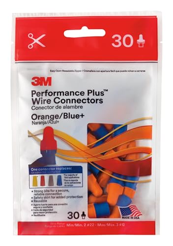 3M Performance Plus Wire Connectors O/B+, ELEC-O/B+-30, Orange/Blue Connectors, Wire Range: 2#22-3#12, Bag of 30 - size: Bag of 30