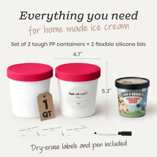 StarPack Freeze The Day Homemade Ice Cream Containers (2-Pack, 1 Quart) - Airtight Silicone Lids, BPA-Free Reusable Freezer Tubs with Dry Erase Pen and Labels - Stackable, Red and White - color: Red / White, size: 2-Pack 1Qt