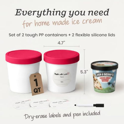 StarPack Freeze The Day Homemade Ice Cream Containers (2-Pack, 1 Quart) - Airtight Silicone Lids, BPA-Free Reusable Freezer Tubs with Dry Erase Pen and Labels - Stackable, Red and White - color: Red / White, size: 2-Pack 1Qt
