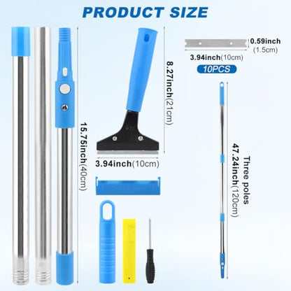 Heavy Duty Floor Scraper, 8" Wide Razor Blade Scraper Tool with 48" Long Handle, 10PCS Extra Metal Blades for Cleaning Wall Glass Floor Paint Gum Stains Stickers Linoleum Stove Top