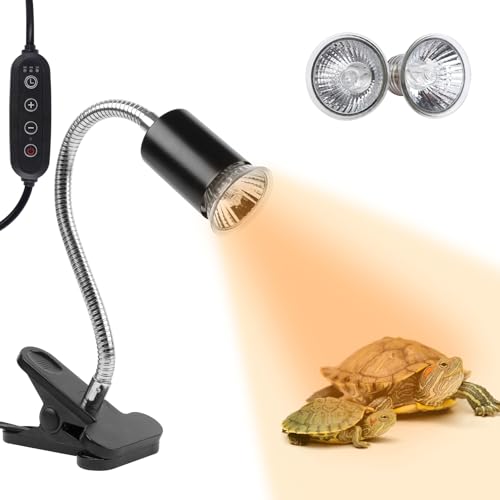 LUCKY HERP Reptile Heat Lamp with Clamp, Aquarium Turtle Tank Basking Light with 360° Rotatable Timing & Dimming and 2 Pack 50W UVA UVB Heat Light Bulb for Turtle Tortoise Lizard - size: 50+50