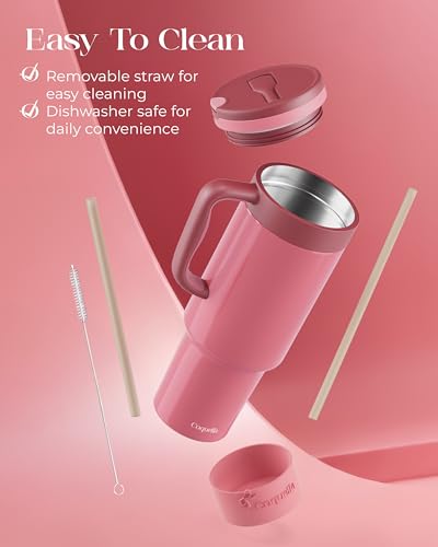 40 oz Insulated Tumbler with Handle and Push-Button Straw Lid, Stainless Steel Travel Cup for Gym Office, Leakproof, BPA-Free, Cup Holder Friendly, Bow Silicone Boot, Pink (Dusty Rose) - color: Dusty Rose