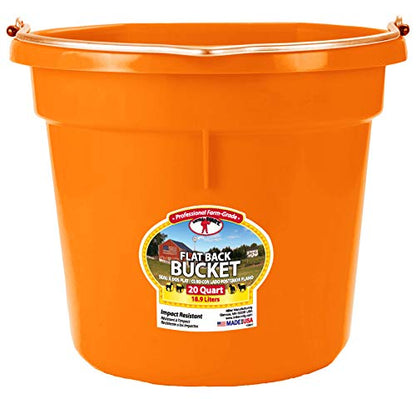 Plastic Animal Feed Bucket (Orange) - Little Giant - Flat Back Plastic Feed Bucket with Metal Handle (20 Quarts / 5 Gallons) (Item No. P20FBORANGE6)